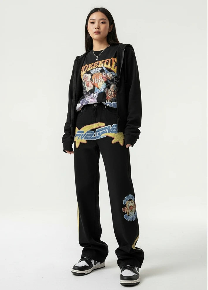 Embroidered Wide Leg Jeans